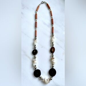 Horn, wood and shell Brown and White Beaded Necklace — Women Jewelry vintage